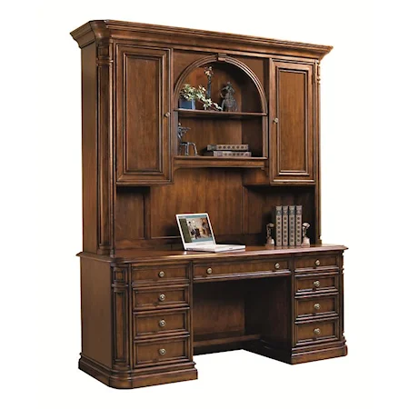 Traditional Computer Ready Desk and Hutch with Task Lighting and Ample Storage